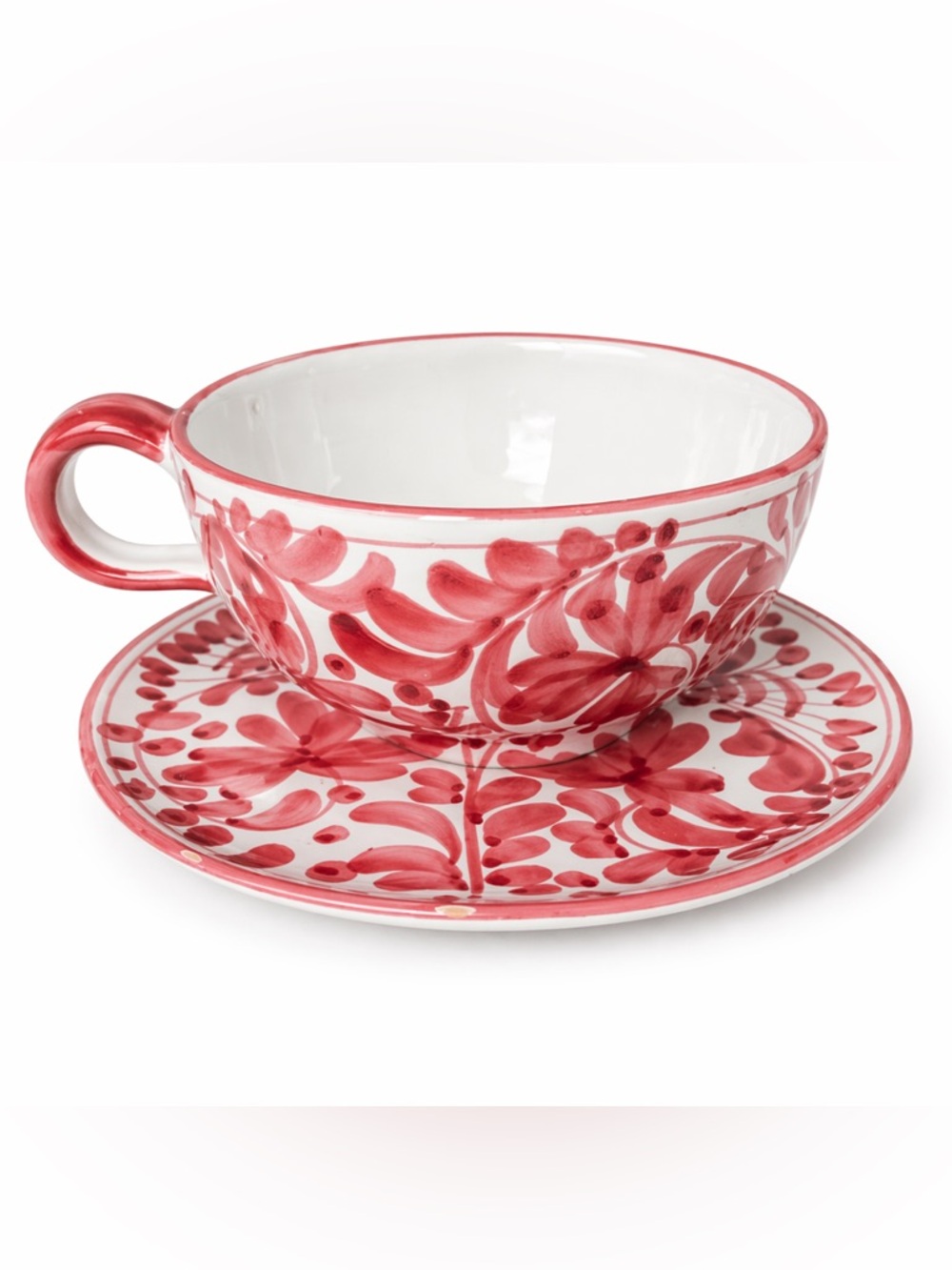 Arabesco Red Handcrafted Ceramic Soup Cup and Saucer Set - Made in Italy